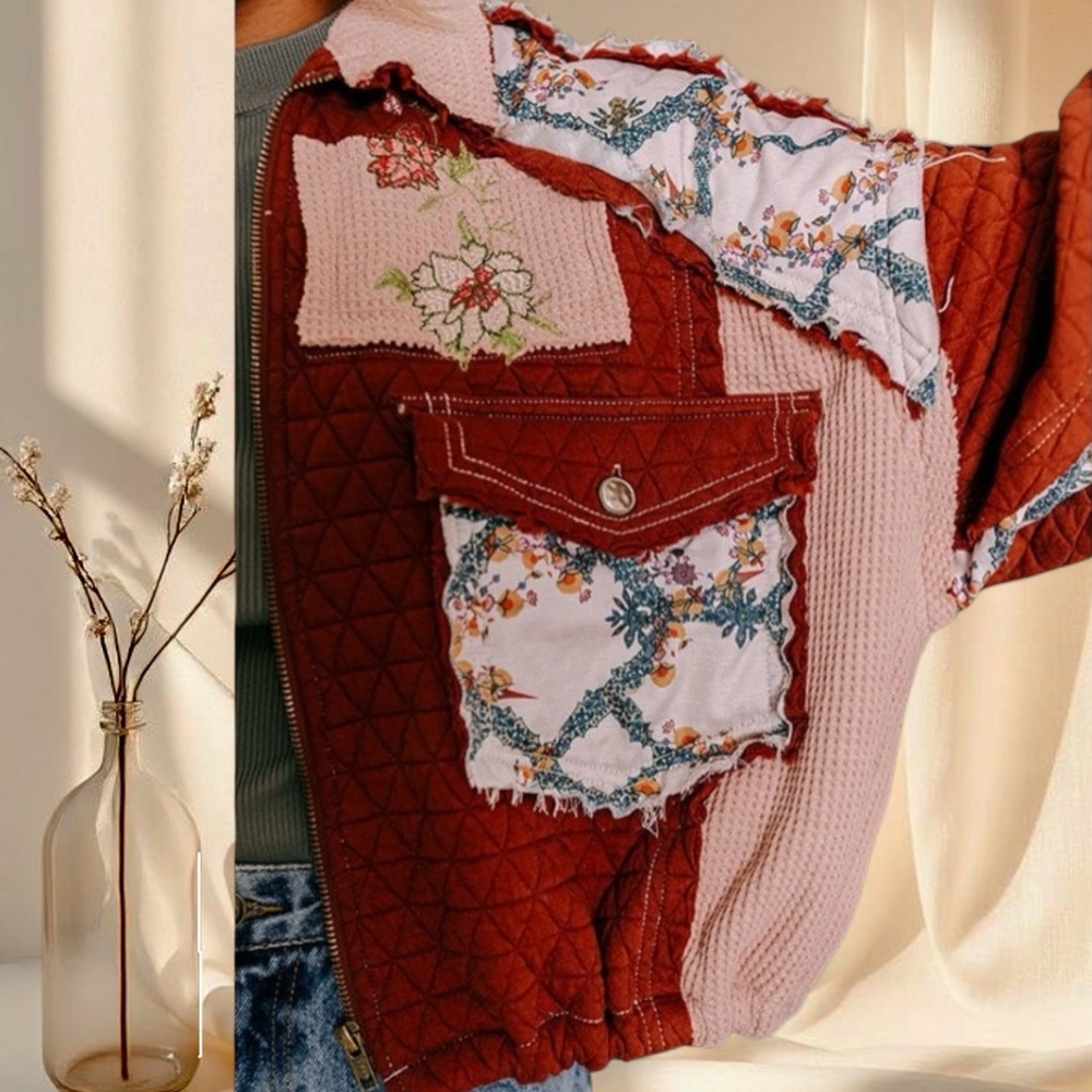 POL Quilted Patchwork Jacket Burgundy Floral Boho Cottagecore Zip Jacket - Picture 6 of 9